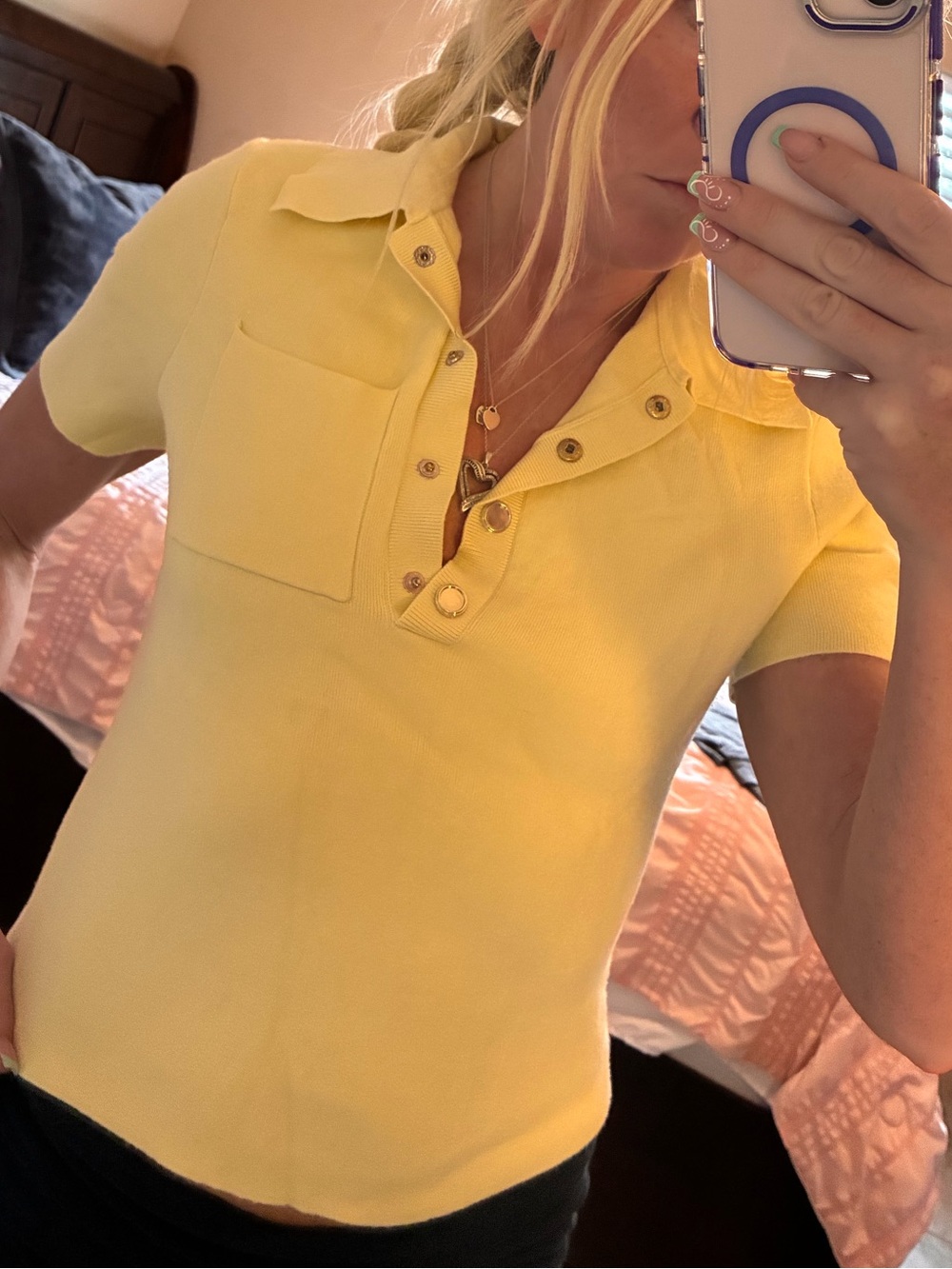 Yellow Polo Top with Gold Button Detail